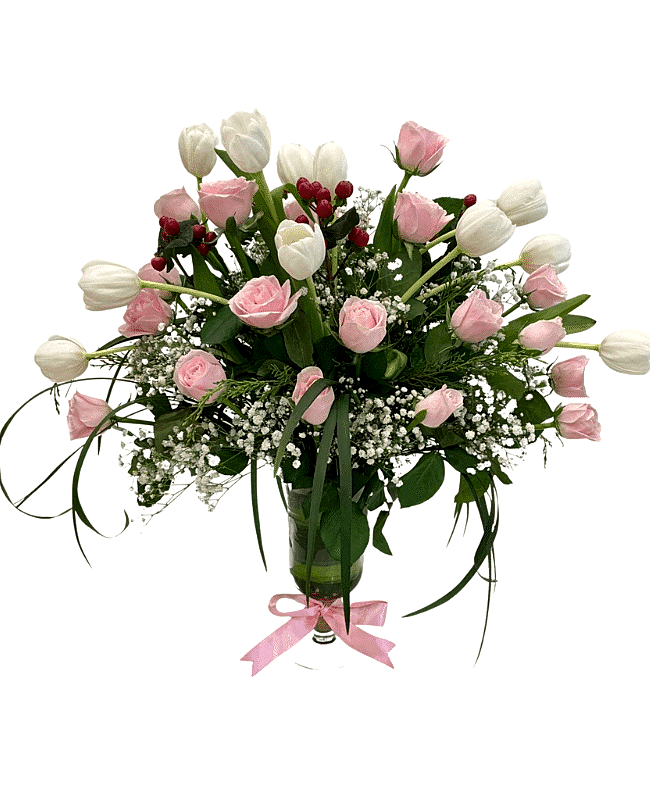 Tulips & Roses in a Glass Vase