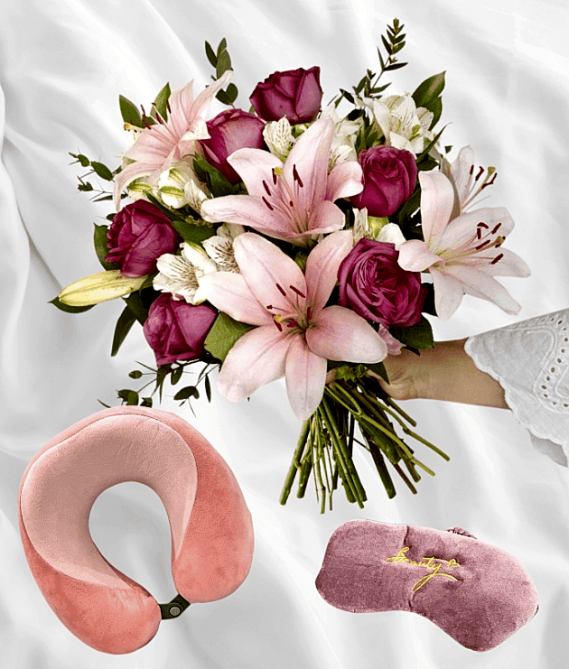 Travel Pillow, Mask & Floral Combo