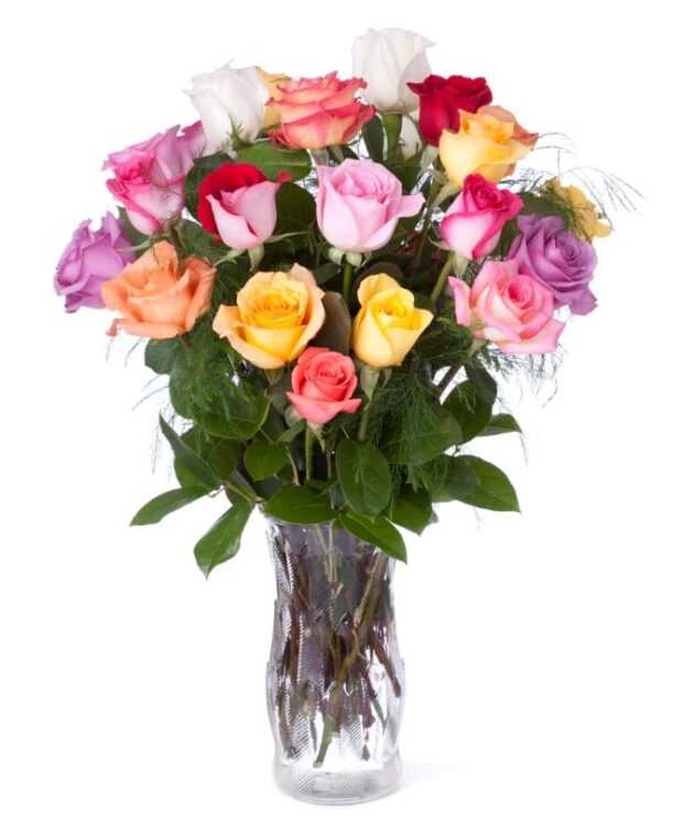 Multi Colored Roses in Glass Vase