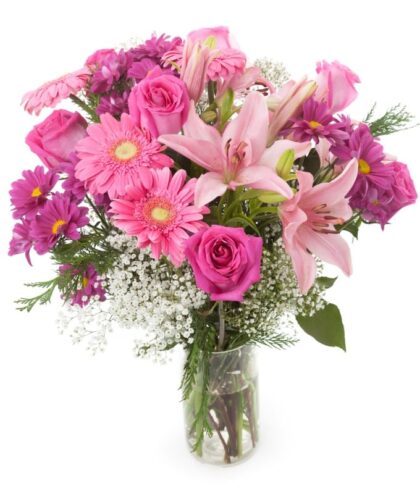 Pink Roses, Lilies, gerbera in Vase