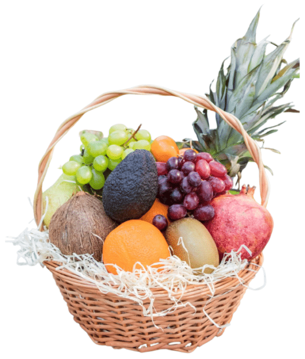 Round Wicker Basket Full of Fresh Fruits and Berries