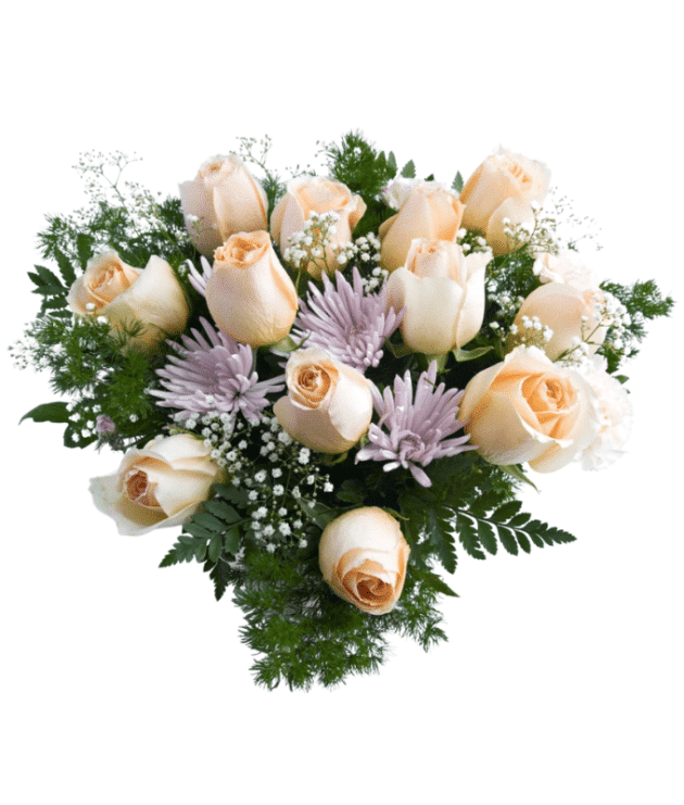 Bouquet of Peach Roses with Purple Gerberas