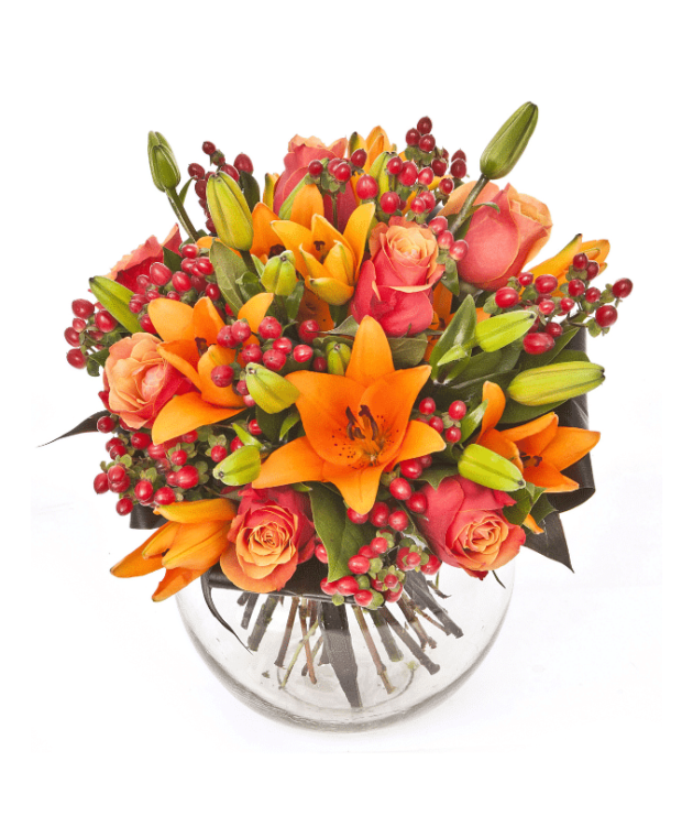 Arrangement of Mixed Flowers in Glass Vase