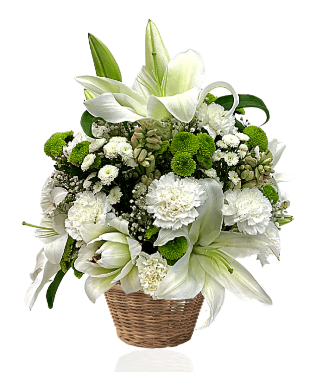 White lilies ,white carnations, green button chrysanthemums,white button chrysanthemums tuberoses in basket 