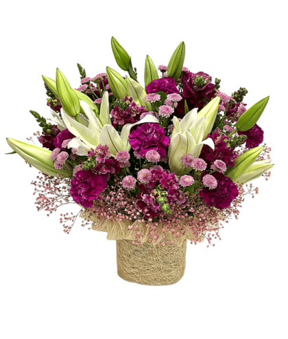 purple carnations,small button purple chrysanthemums lilies 