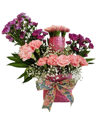 Pink carnations ,purple chrysanthemums