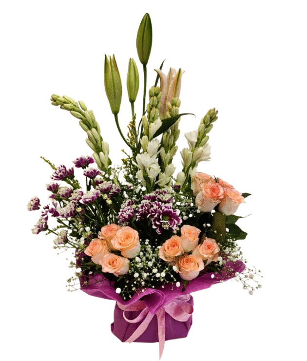 Jumelia roses,tube roses,purple shaded chrysanthemumns,lilies