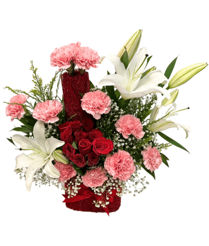 Light pink carnations,white lilies,red roses