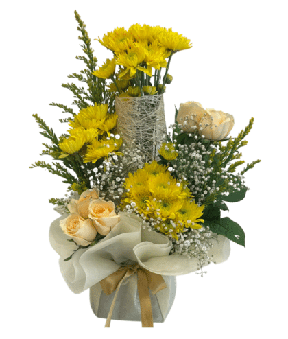 Yellow Chrysanthemums,peach roses
