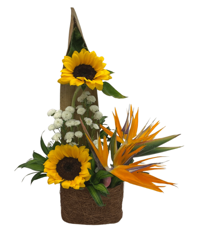 Sunflower, Bird of Paradise, small white dotted chrysanthemums