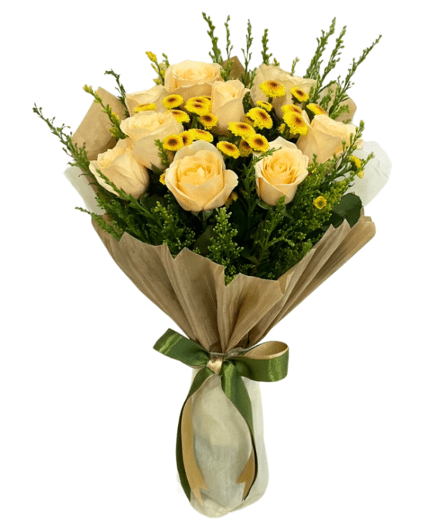 Peach roses,yellow button chrysanthemums