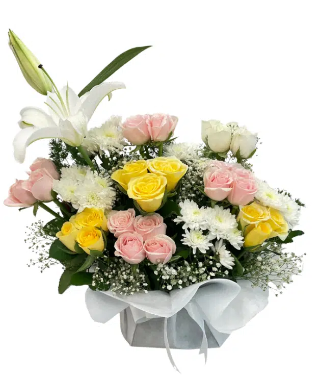 Sweet Pink roses,yellow roses,white roses,white chrysanthemums,white lilies 