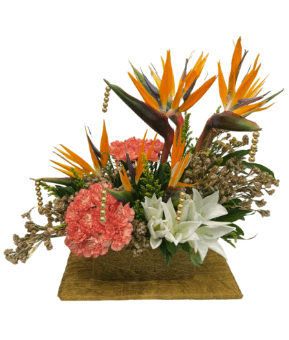 Bird of paradise,Orange Carnation,white lilies