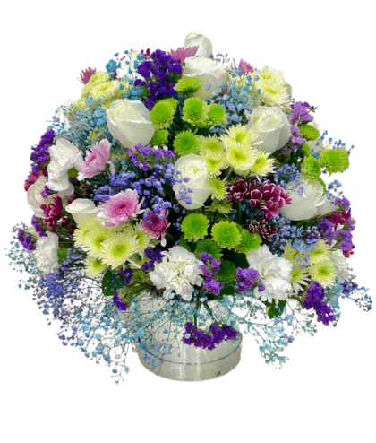 green button chrysanthemums,purple shaded chrysathemums,white carnations,white roses,purple chrysanthemums,green chrysanthemums, round arrangement in silver box