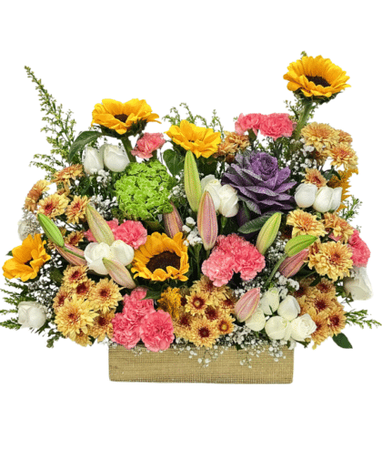 sunflower,green hydrangea,pink carnations,purple cabbage,white roses,golden chrysanthemums,pink lilies,floral arrangement