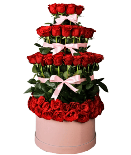 red roses steps arrangement