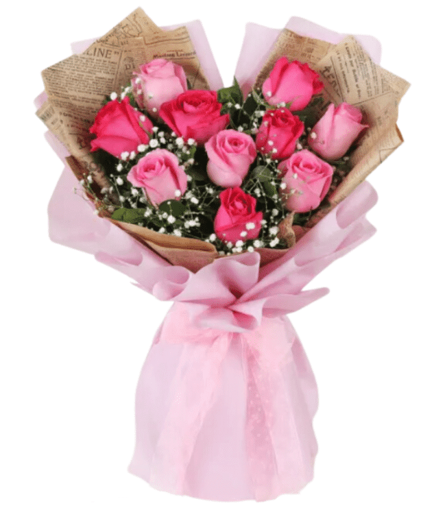 baby pink roses and dark pink roses handbunch