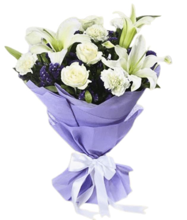 White lilies and white carnation handbunch