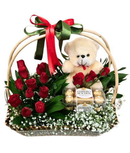 Teddy, Ferrero Rocher, and Roses Basket