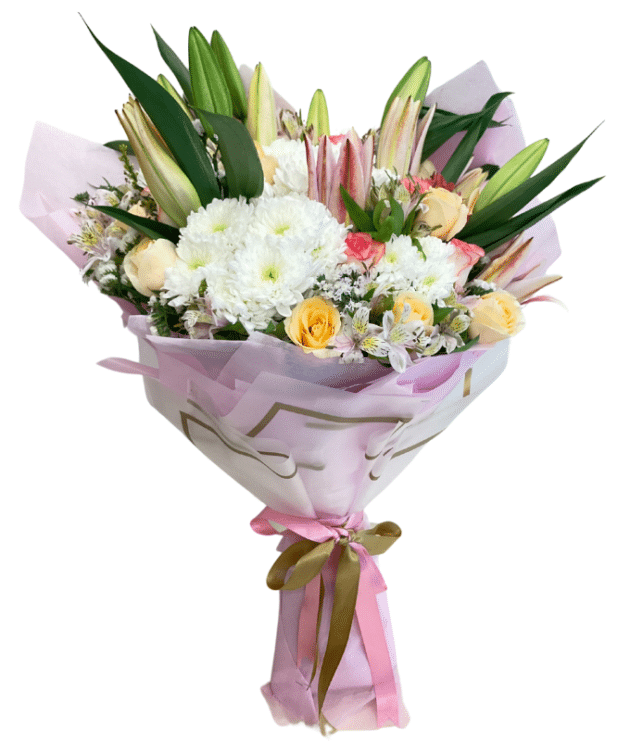 jumelia rose,peach roses,white chrysanthemums,pink lilies handbunch