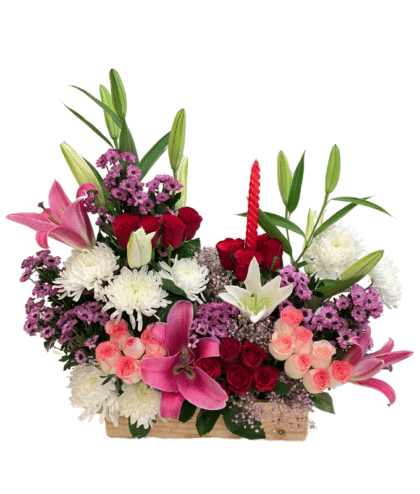 Jumelia Roses, Red Roses, Pink Lilies, Purple Mini Dotted Chrysanthemums, and White Chrysanthemums with Red Candle in Wooden Box