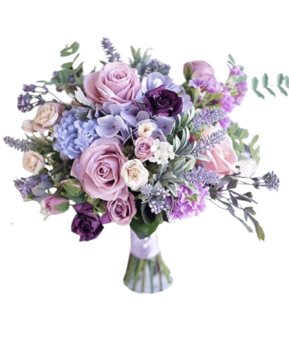 sweetpink roses,purple roses,blue exotic hydrangea handbunch