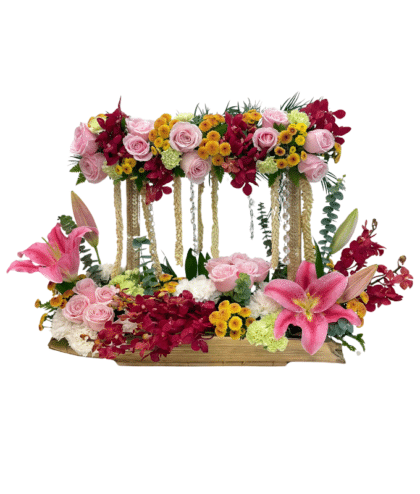 Crystal Centerpiece with Pink Lilies, Red Okara Orchids, Pink Roses, Yellow Golden Button Chrysanthemums, White Carnations, and Eucalyptus Leaves