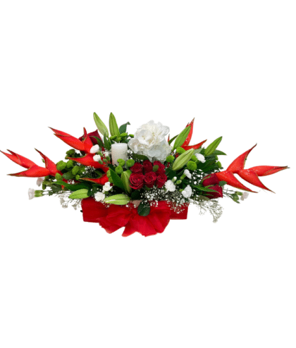 Big Buds,red roses,white lilies,white spray carnations,white hydrangea and white candle floral arrangement