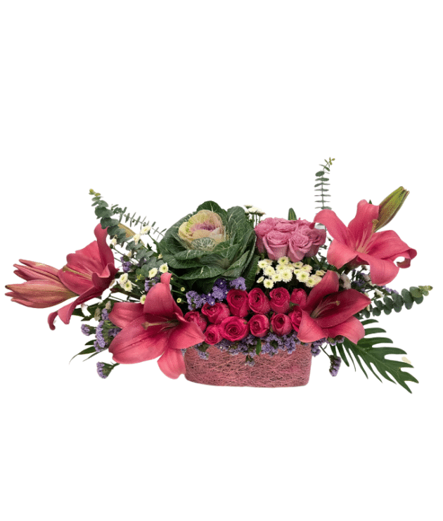 Pink roses,pink lilies,purple cabbage,white dotted chrsanthemums bouquet