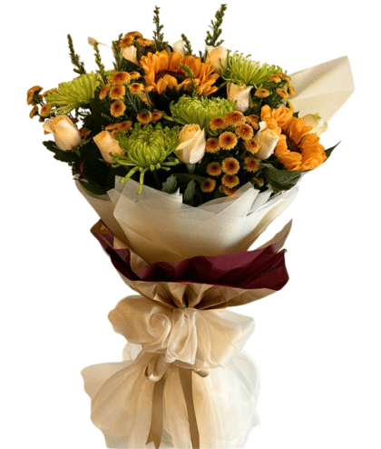 Sunflower,green disbuds,yellow mini dotted chrysanthemums and peach roses handbunch