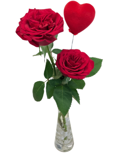 2 Red roses with heart topper arrange in glass vase