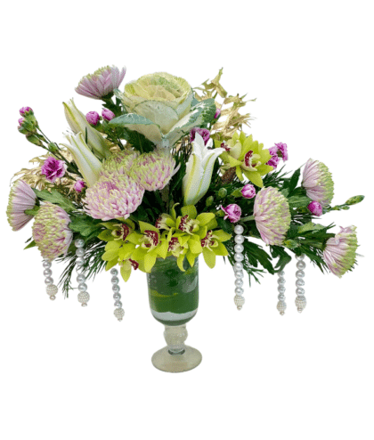 Exotic Green Cymbidium Orchids, Green Disbuds, Purple Shaded Chrysanthemums, White Lilies, and Green Brassica oleracea with Pearls Touch in Beautiful Vase