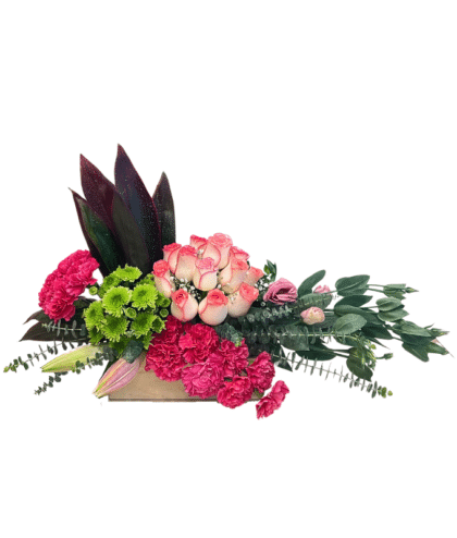 Jumelia roses,Dark pink carnations,green button chrysanthe,mums, pink lilies arrangement