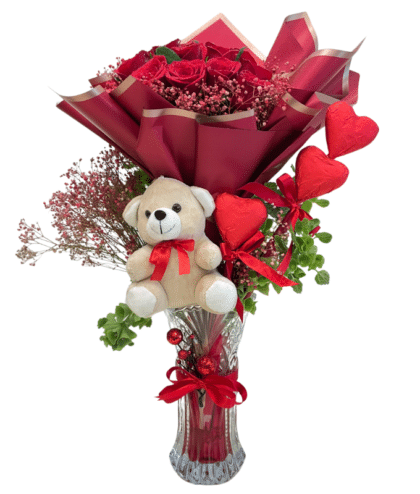 Bunch of Roses, Teddy Bear, and Red Heart-Shaped Chocolates in Glass Vase
