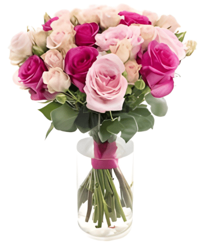 dark pink and light pink bunch in glass vase