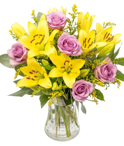 yellow lilies and purple roses arrangement in vase