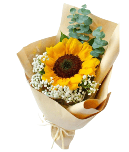 single sunflower handbunch wrapped in brown paper